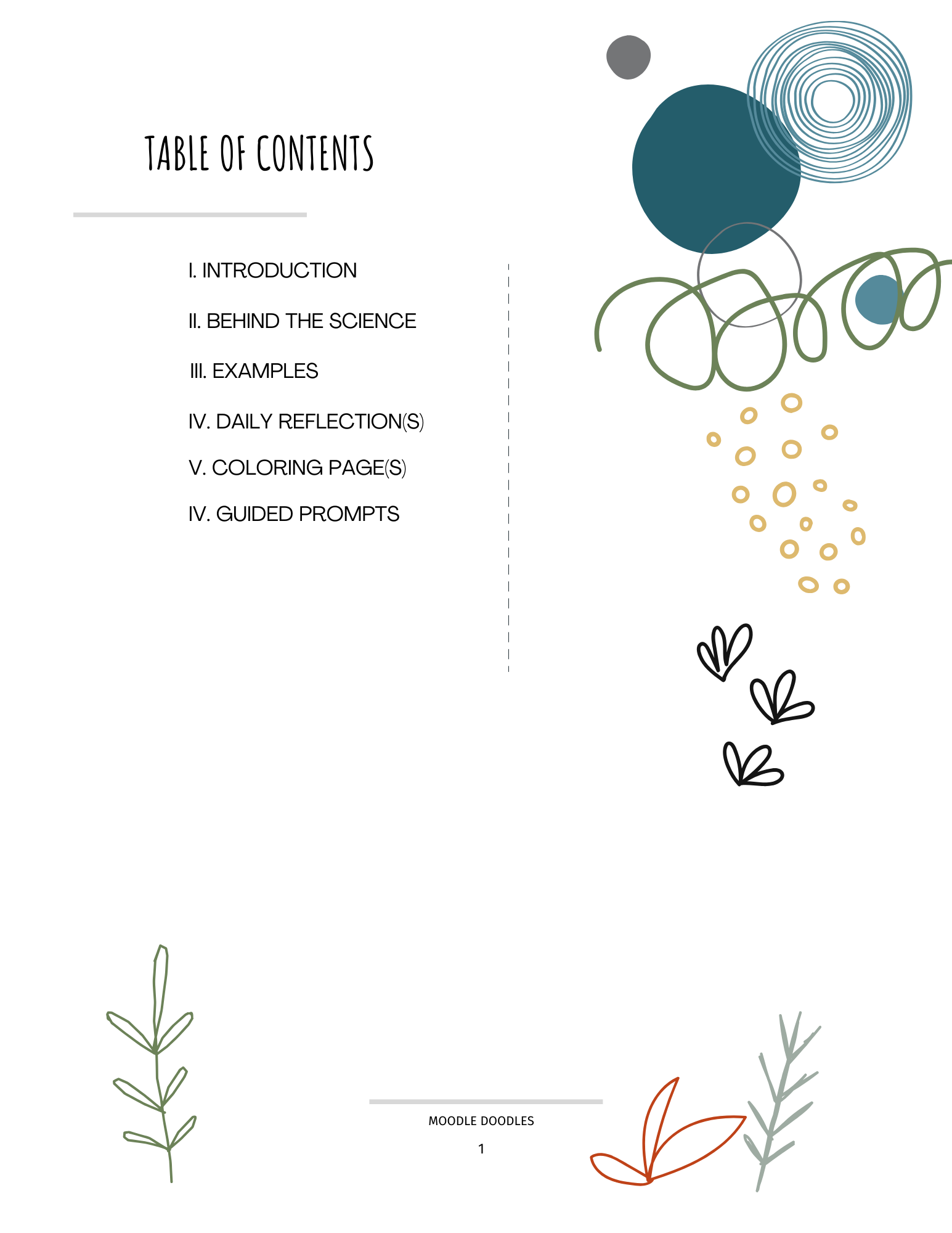 MOODle Doodles sample page 1 of 6: table of contents