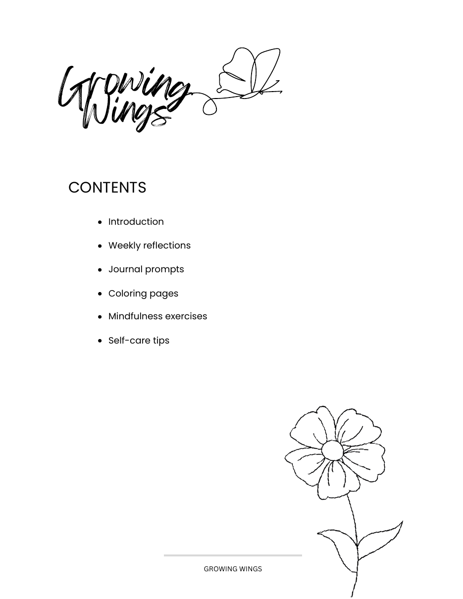 Growing Wings sample page 1 of 6: contents